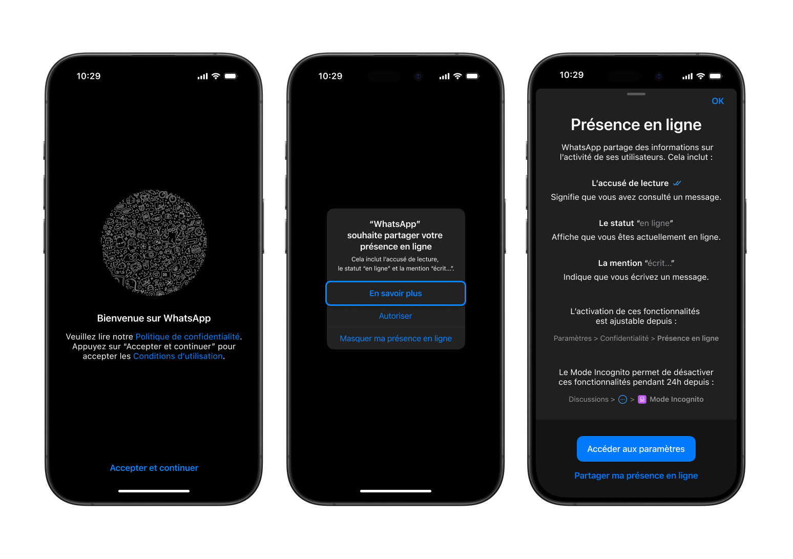Redesign de l’onboarding de WhatsApp. De gauche à droite : écran de téléchargement, fenêtre pop-up, fenêtre « En savoir plus »