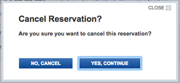 fig.11 ‑ Beth Aitman, Are you sure you want to cancel this reservation? No, cancel / Yes, continue, 2016. https://bethaitman.com/posts/ui-writing/confirmation/