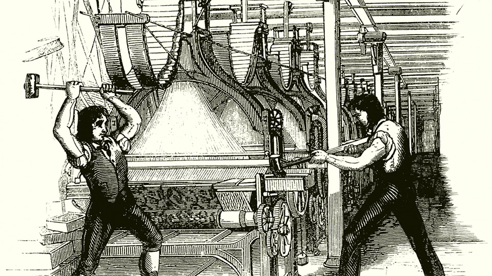 fig.13 ‑ Deux luddites sabotent un métier à tisser en Angleterre. Titre inconnu, Penny Magazine, 1844.