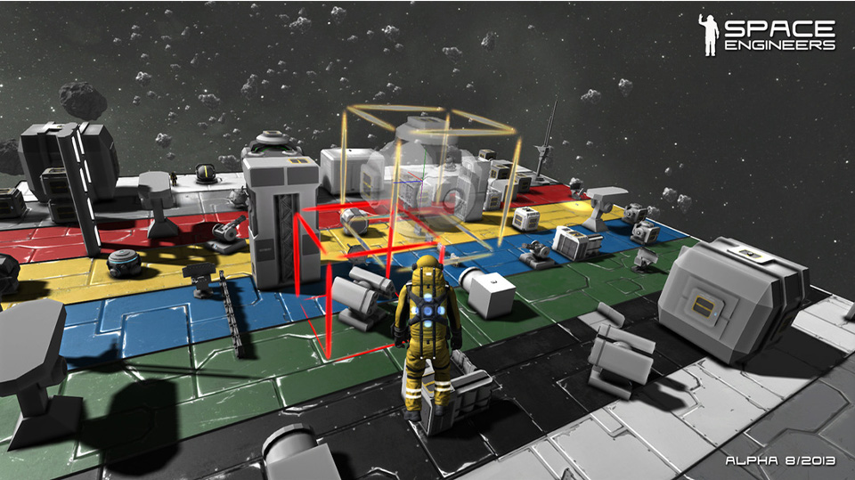 fig.14 ‑ Capture d’écran du jeu‑vidéo Space Engineers, permettant aux joueurs de construire des infrastructures complexes et variées, à partir d’éléments statiques, fonctionnels, et programmables. Image : Titre inconnu, Keen Software House, 2013. Jeu : Keen Software House. Space Engineers. Keen Software House. PC/Xbox/Playstation. 2013. https://www.spaceengineersgame.com/media/ (non disponible)
