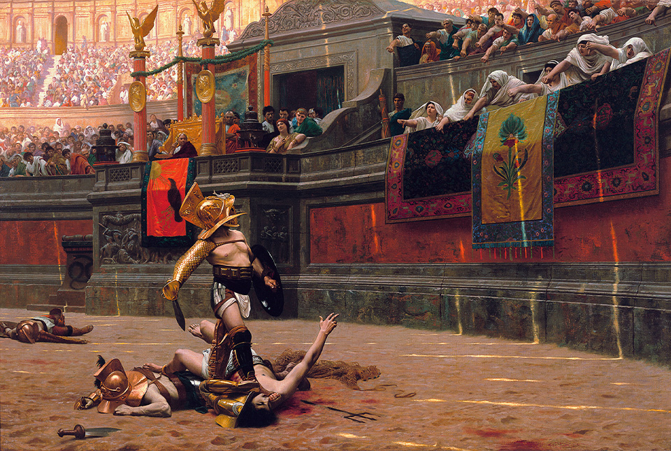 fig.9 ‑ Gérôme, Jean-Léon. Pollice Verso, 1872. Huile sur toile, 100,3 × 148,9 cm. Phœnix, États‑Unis d’Amérique : Phoenix Art Museum. https://fr.wikipedia.org/wiki/Pollice_verso_(G%C3%A9r%C3%B4me)#/media/Fichier:Jean-Leon_Gerome_Pollice_Verso.jpg