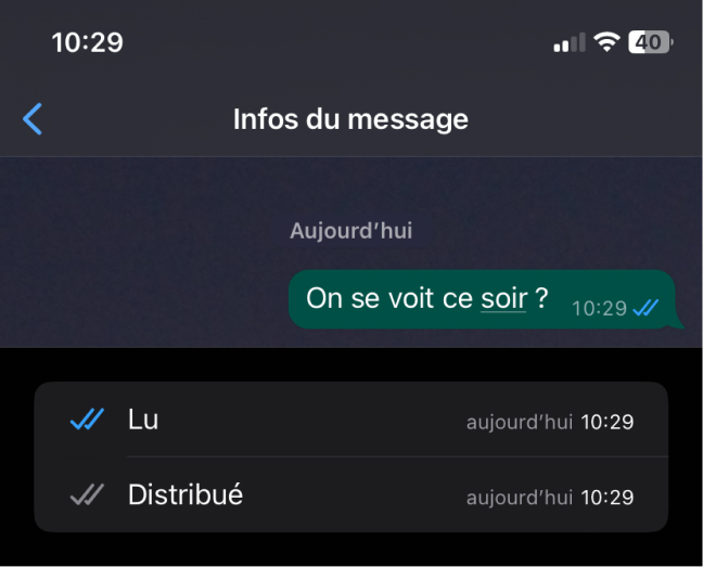 Vue actuelle de l’accusé de lecture avec horodatage sur WhatsApp (pour l’émetteur)