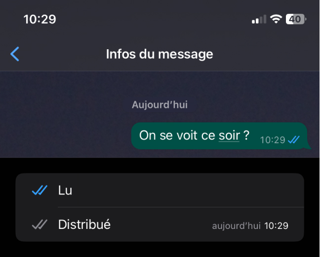 Vue alternative de l’accusé de lecture sans horodatage sur WhatsApp.