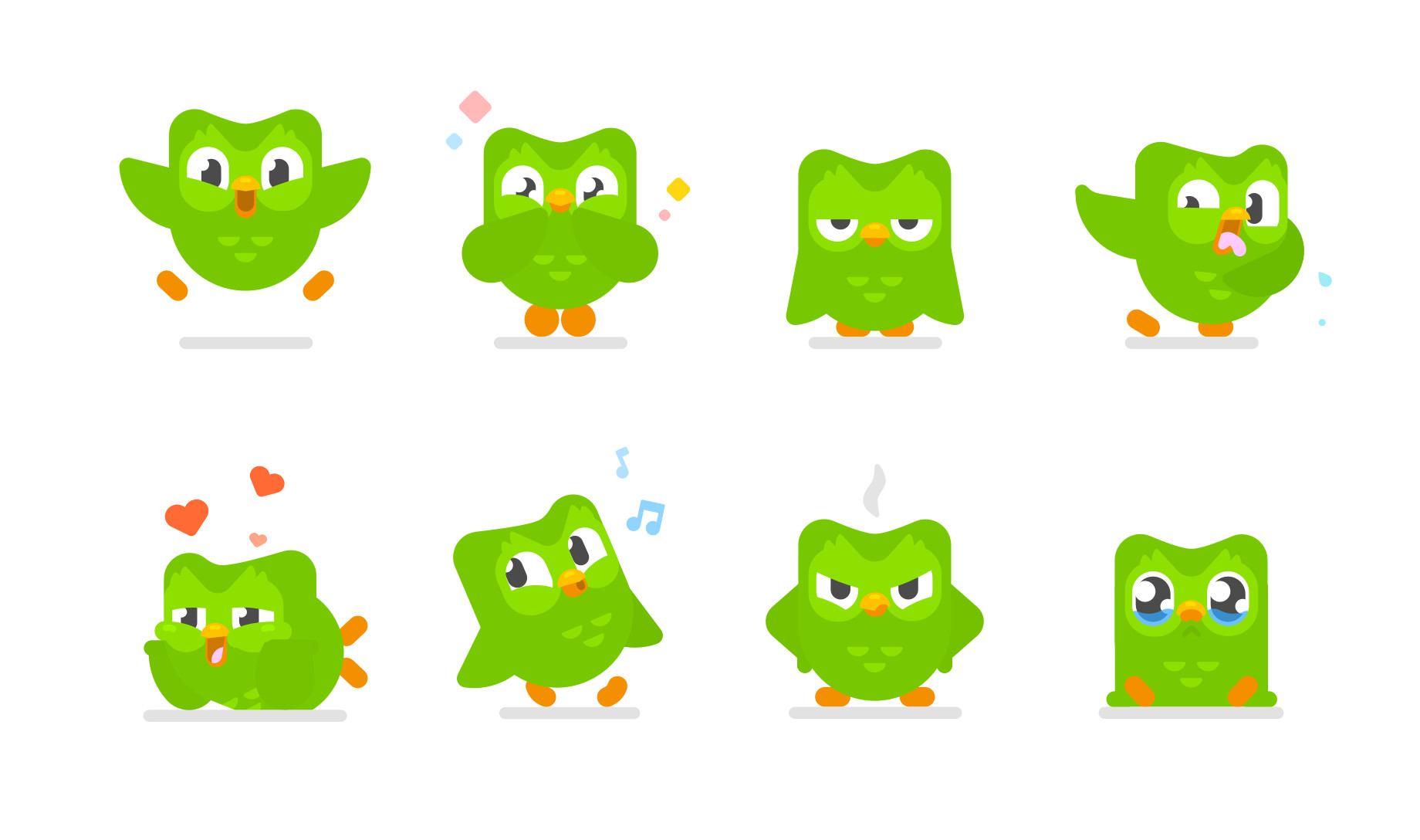 Figure 5 - Les différentes émotions de la mascotte de Duolingo, qui fait culpabiliser l’utilisateur.