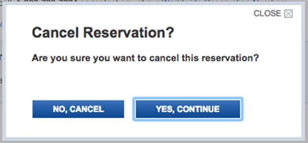 fig.11 ‑ Beth Aitman, Are you sure you want to cancel this reservation? No, cancel / Yes, continue, 2016. https://bethaitman.com/posts/ui-writing/confirmation/