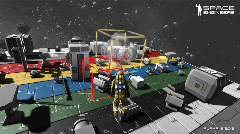 fig.14 ‑ Capture d’écran du jeu‑vidéo Space Engineers, permettant aux joueurs de construire des infrastructures complexes et variées, à partir d’éléments statiques, fonctionnels, et programmables. Image : Titre inconnu, Keen Software House, 2013. Jeu : Keen Software House. Space Engineers. Keen Software House. PC/Xbox/Playstation. 2013. https://www.spaceengineersgame.com/media/ (non disponible)